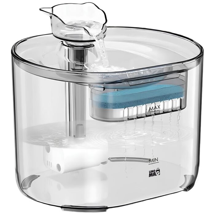 Dispenser apa automat tip fantana pentru pisici si caini, Linomag®, Purificare si filtrare a apei cu carbon activ, Silentios, Debit reglabil, 2.2L, Transparent