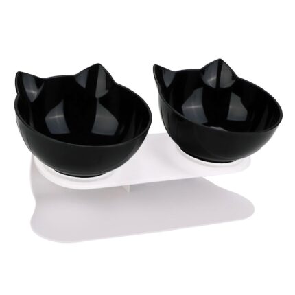 Bol ortopedic pentru hrana si apa pisici, inclinare de 15 grade, negru, baza antiderapanta, plastic non-toxic