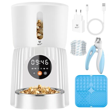 Hranitor Automat pentru Caini si Pisici Gras-ON™, 4L, Wifi, Aplicatie mobila, Programabil, Bol Inox, Hrana Uscata, Functie Inregistrare Voce, Control Portii, Cablu USB si Adaptor Priza, Pad de lins, Foarfeca pentru unghii, 4 Pliculete Silicat, Alb