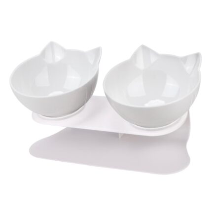 Bol ortopedic pentru hrana si apa pisici, inclinare de 15 grade, alb, baza antiderapanta, plastic non-toxic