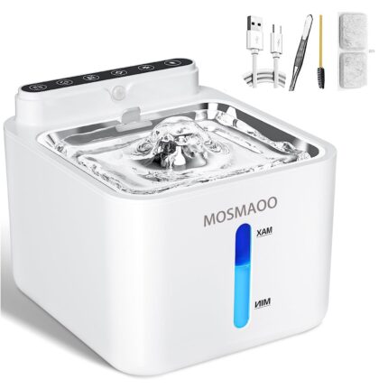 Dispenser apa automat, MOSMAOO®, Tip fantana pentru pisici si caini, Senzor miscare, Iluminare LED, Cu adaptor USB priza, Otel inoxidabil, Cu purificare si filtrare prin carbune activ, Silentios, 2800mAh, 3.1L