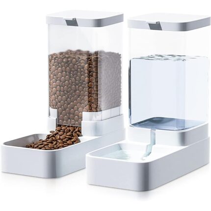 Dispenser de apa si mancare pentru caini si pisici, 2 in 1 responsabil pentru distribuirea hranei si apei animalului tau de companie, cu capacitate mare si dozare precisa, nontoxic, usor de curatat, 3.8L, Set, Alb, Fish & Paws ®