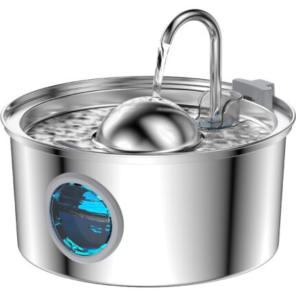 Dispenser apa automat tip fantana pentru pisici si caini cu fereastra pentru nivelul apei, model rotund, cu purificare si filtrare prin carbune activ, silentios, otel inoxidabil 304, 3.2L, Argintiu