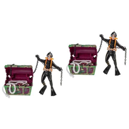 Set de 2 decoratiuni acvariu, UEETEK, cufar si scafandru, plastic, 5x6.5cm, 13cm lungime lant, 8.7cm inaltime scafandru