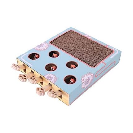 Cutie jucarie interactiva din lemn pentru pisici cu 5 gauri, albastra