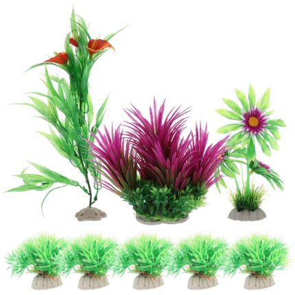 Planta artificiala pentru acvariu, decor plastic, model iarba mov, 13.50x5.50x14.00cm, set 8 piese