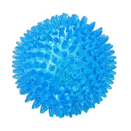 Jucarie Durabila pentru Caini - Minge din TPR cu Tepi, Curatare a Dintilor, Non-Toxica, Interactiva cu Squeaker, Lavabila si Sigura, Diametru de 9cm, Albastru