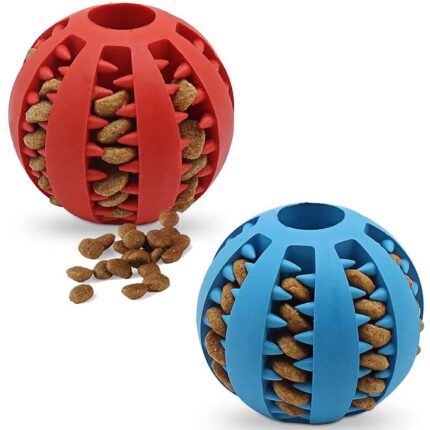 Set de 2 jucarii interactive pentru caini, Cauciuc, Distribuire mancare, Rosu/Albastru