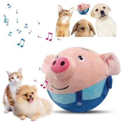 Jucarie interactiva pentru animale Bedee, porc din plus, minge bouncing, 13x13x15.5cm, lavabila, cu senzor de miscare