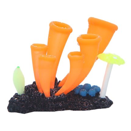 Decor acvariu Jormftte, coral portocaliu cu ventuza, silicon, luminescent, 8x8cm