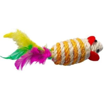Jucarie pentru pisici, din materiale naturale, model soricel, decorat cu pene