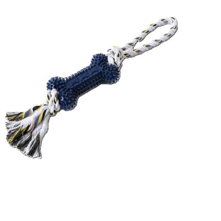 Jucarie sfoara cu 2 noduri lat si os cauciuc pentru caini 41.5*5.5cm