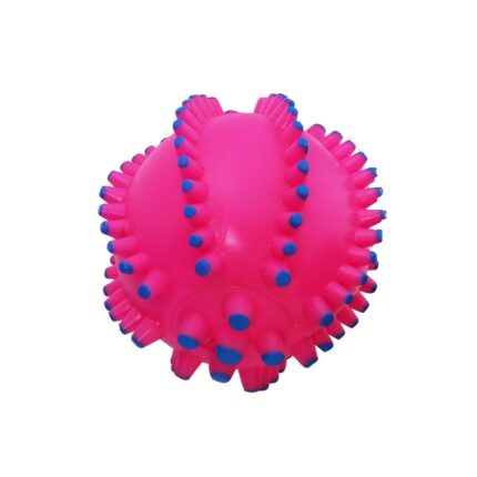 Jucarie de mestecat pentru caini, Minge din cauciuc, cu zimti si sunet, 10 cm, roz