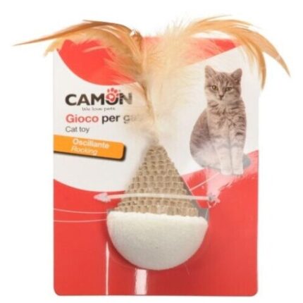 Jucarie pentru pisici Camon, minge cu pene, 12cm, bej/alb