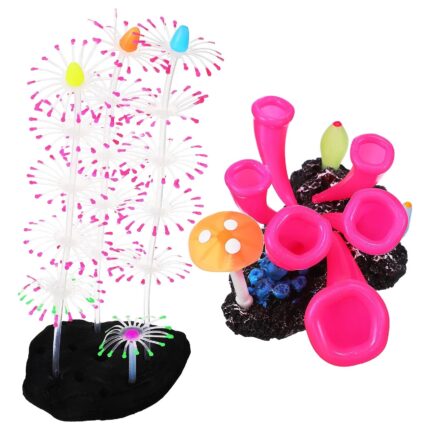 Set 2 decoratiuni corali luminoase pentru acvariu, silicon, 8.50x5.50x8.80cm si 8.60x5.70x19.00cm