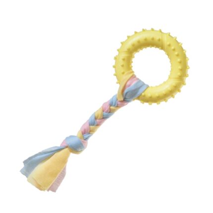Jucarie din cauciuc dintat si bumbac pentru caini, in forma de inel, cu cordon colorat, 19 cm, galben deschis