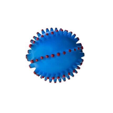 Jucarie de mestecat pentru caini, Minge din cauciuc, cu zimti si sunet, 10 cm, albastru