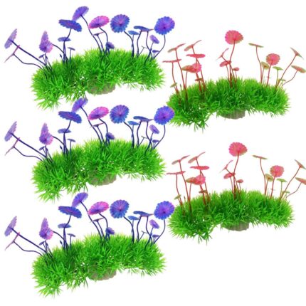 Set 5 plante artificiale pentru decorarea acvariului, verde+mov, mov+roz, roz+verde, 13x6.5cm
