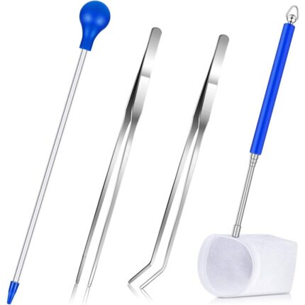 Set pensete si plasa pentru pesti, 1 plasa extensibila, 1 penseta dreapta, 1 penseta curbata, 1 tub de hranire 35 cm, multicolor