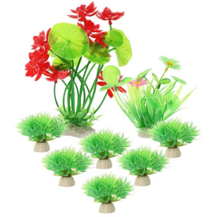 Planta artificiala decorativa pentru acvariu, stil floare rosie, 5.90x5.90x19.50cm, set de 8 bucati