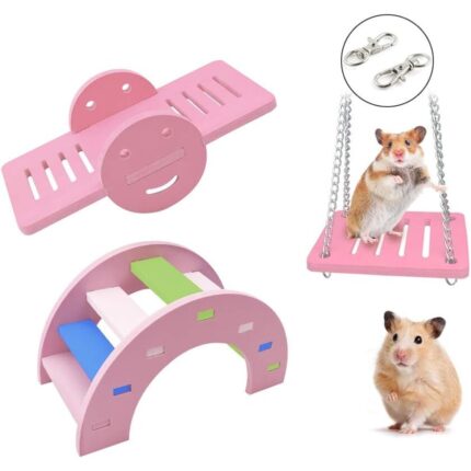 Set 3 Jucarii pentru Hamster, Pod Curcubeu, Leagan, Jucarie de Activitate, Roz
