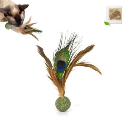 Jucarie interactiva pentru pisici, Catnip, pana de paun, in forma de minge, Multicolor