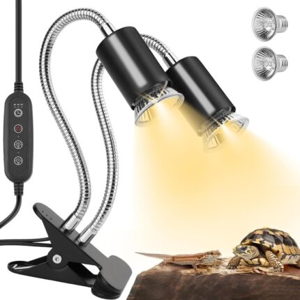 Lampa de Caldura pentru Reptile, Cap Dublu, Setari de Sincronizare Ciclul de 24 de Ore, Rotatie la 360°, Luminozitate Ajustabila, 2*50w, Sticla, Soclu E26/E27, Negru/Argintiu